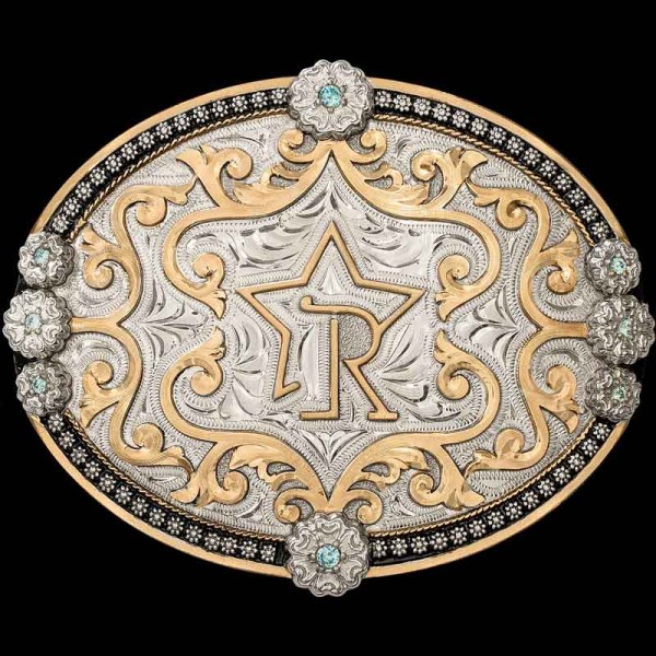 "Our Star City belt buckle shines as brightly as the cowboy or cowgirl who wears it. Expertly crafted on a German Silver base, our Star City buckle features a triple-layered rope and berry edge, 3D floral accents completed with cubic zirconia stones,